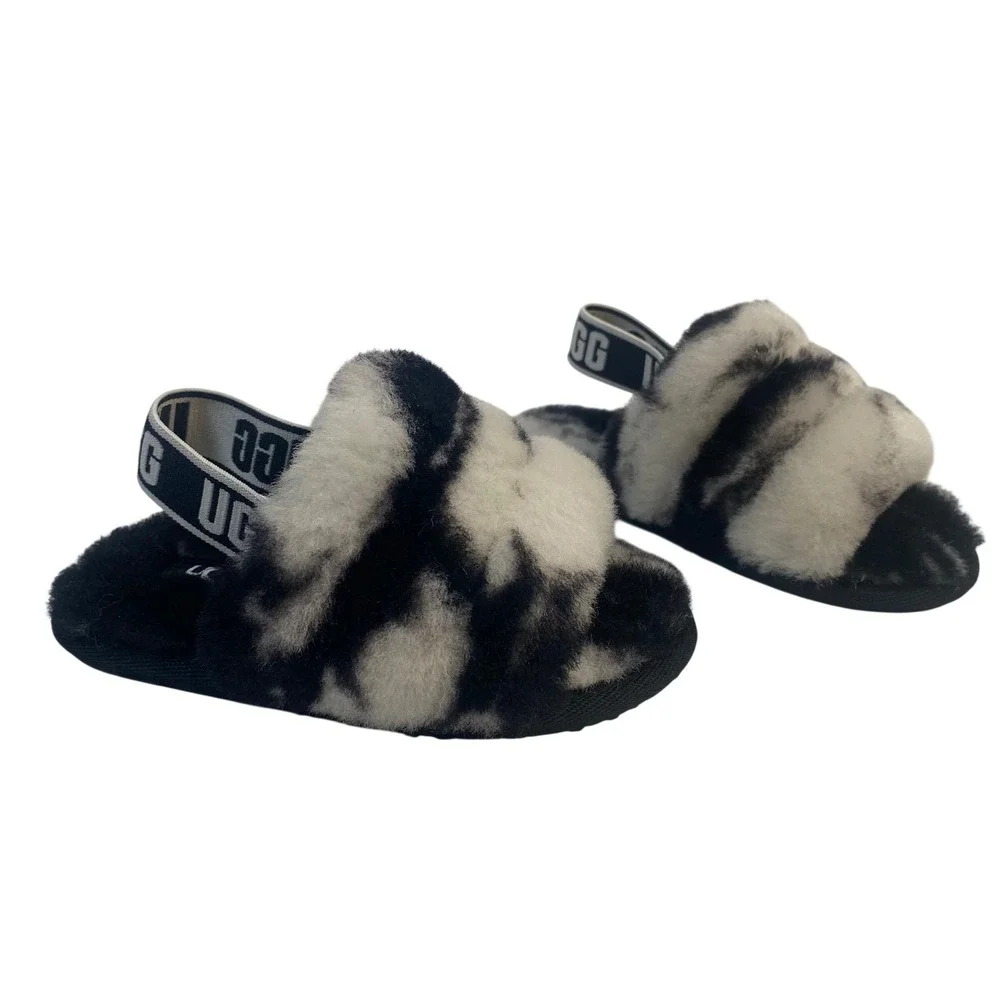 UGG Fluff Yeah Slide Marble Black White Sandals Girl Size 7 Cozy Fuzzy